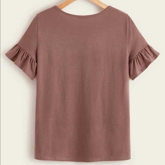 Tops - Ruffle Sleeve Solid Tee (Color : Redwood)